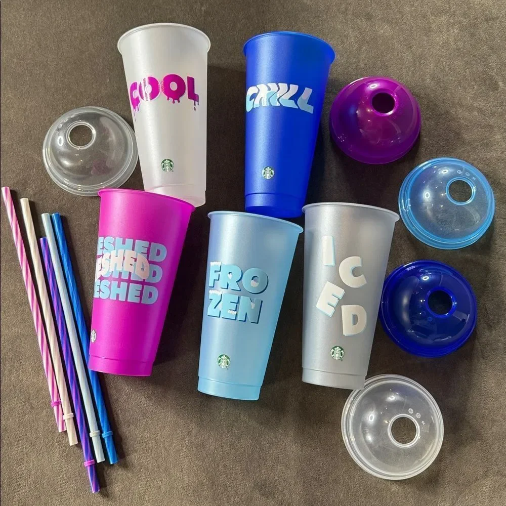 Starbucks 5 Colorful Reusable Cold Cups 24oz with Dome Lids and Straws NEW
